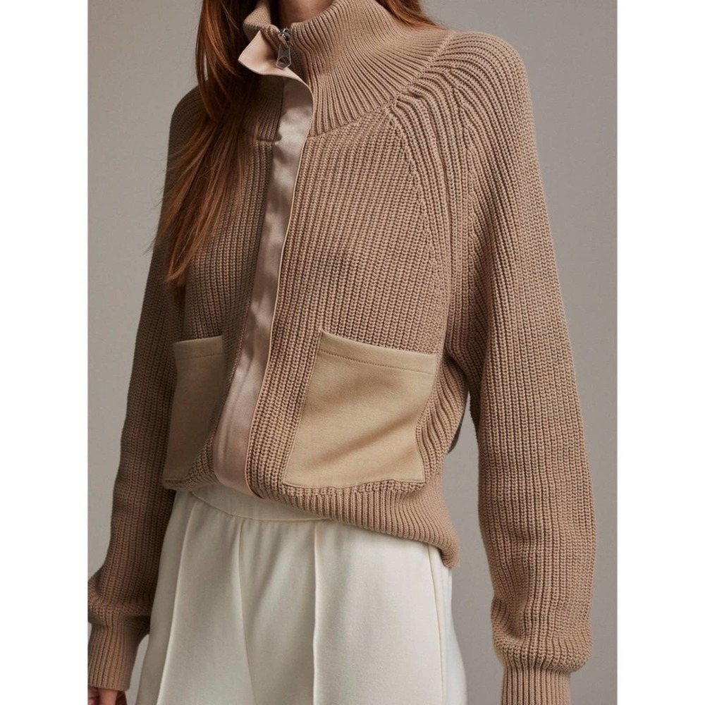 VARLEY Delfern Rib Knit Zip-Up Jacket Sweater Taupe Tan sz M medium